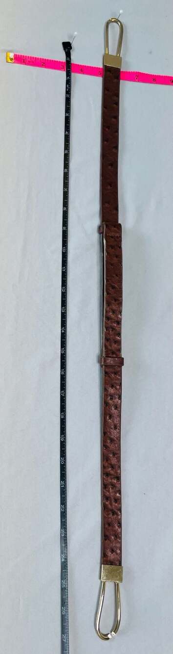 Vintage Brown Ostrich Embossed Leather Belt Gold Statement Buckle Western Boho